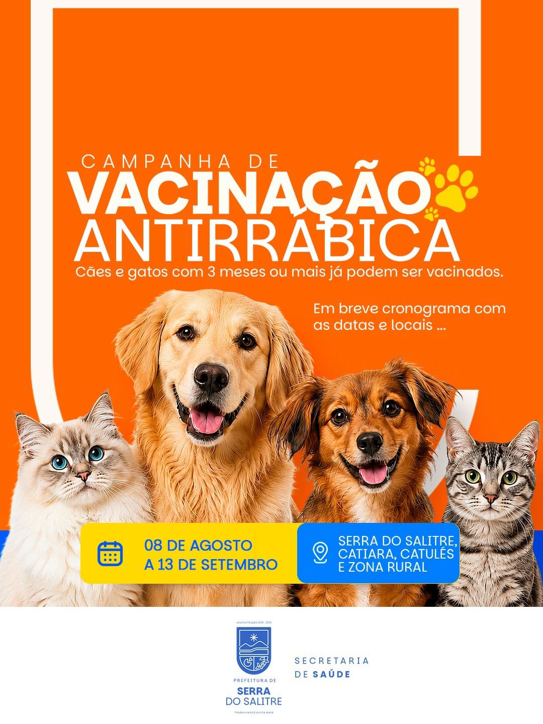 Vacinação Antirrábica 2026 em Serra do Salitre começa no dia 8 de agosto
